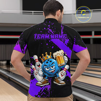 Custom Purple Funny Beer Bowling Shirts for Men Crown Bowling Team Jersey Bowling Outfit QZT1275