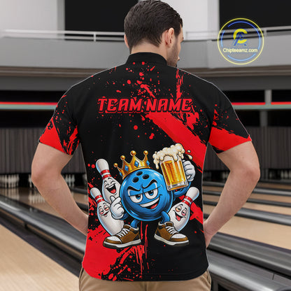 Custom Red Funny Beer Bowling Shirts for Men Crown Bowling Team Jersey Bowling Outfit QZT1275
