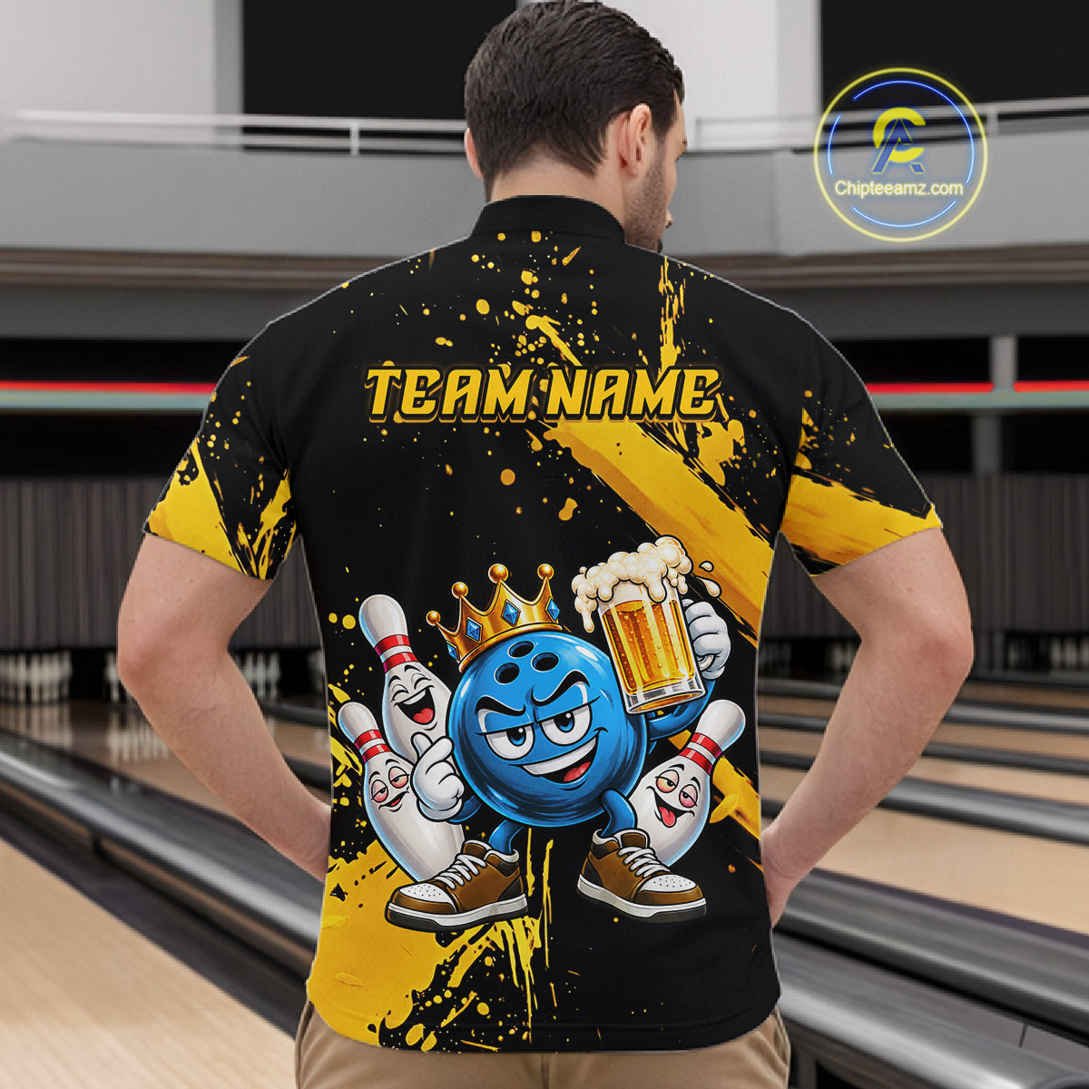 Custom Yellow Funny Beer Bowling Shirts for Men Crown Bowling Team Jersey Bowling Outfit QZT1275