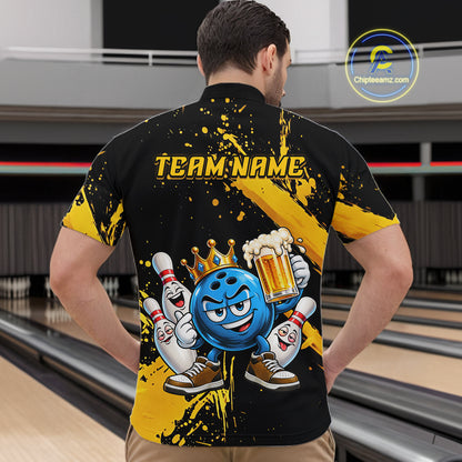 Custom Yellow Funny Beer Bowling Shirts for Men Crown Bowling Team Jersey Bowling Outfit QZT1275