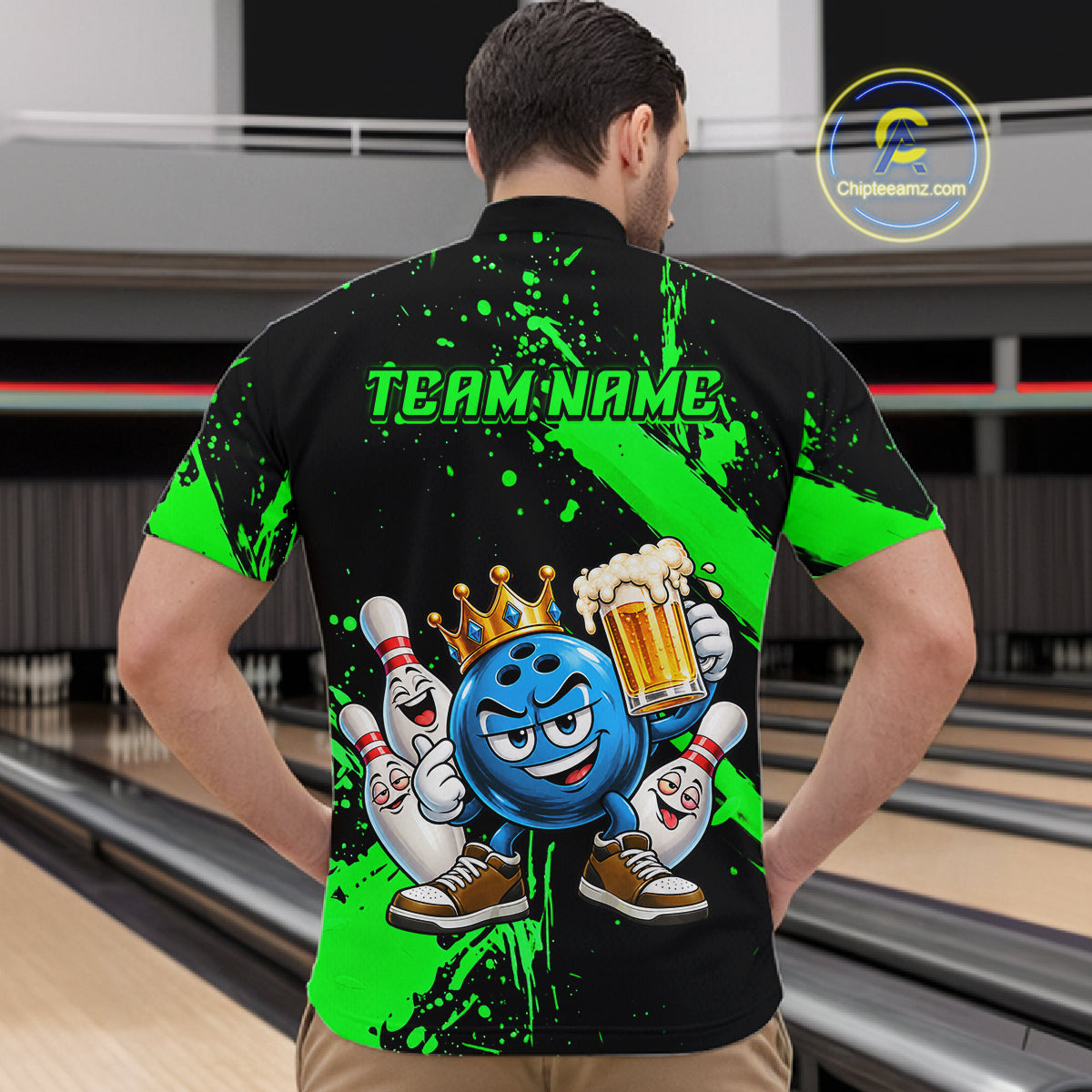 Custom Green Funny Beer Bowling Shirts for Men Crown Bowling Team Jersey Bowling Outfit QZT1275