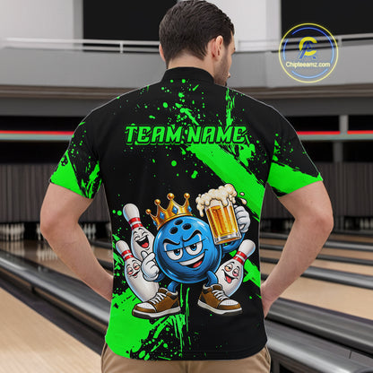 Custom Green Funny Beer Bowling Shirts for Men Crown Bowling Team Jersey Bowling Outfit QZT1275