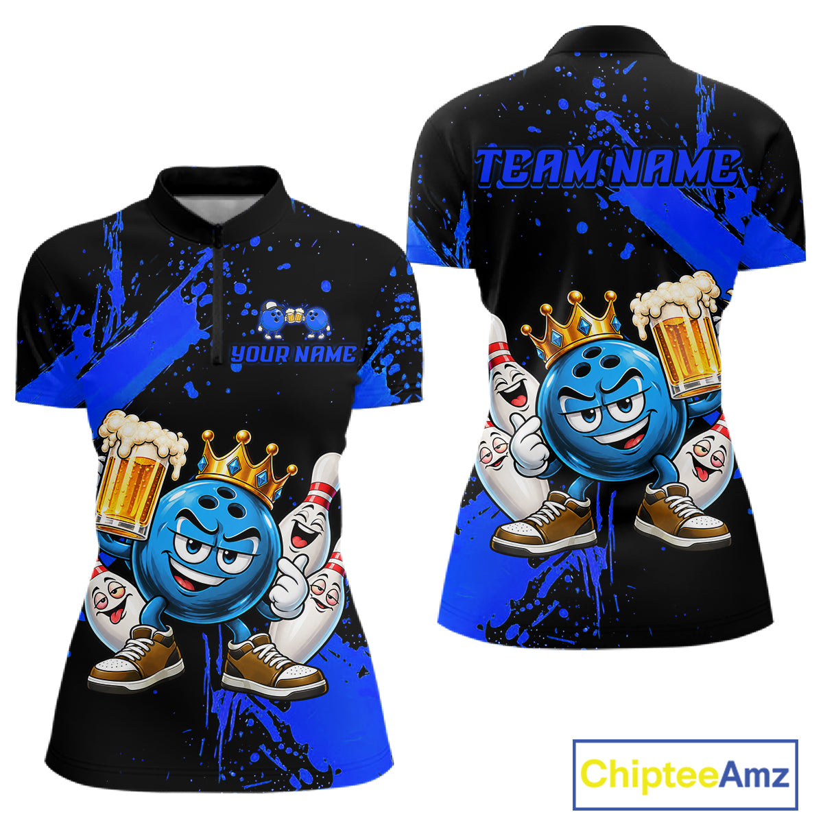 Custom Blue Funny Beer Bowling Shirts for Women Crown Bowling Team Jersey Bowling Outfit QZT1275