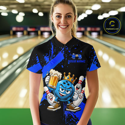 Custom Blue Funny Beer Bowling Shirts for Women Crown Bowling Team Jersey Bowling Outfit QZT1275