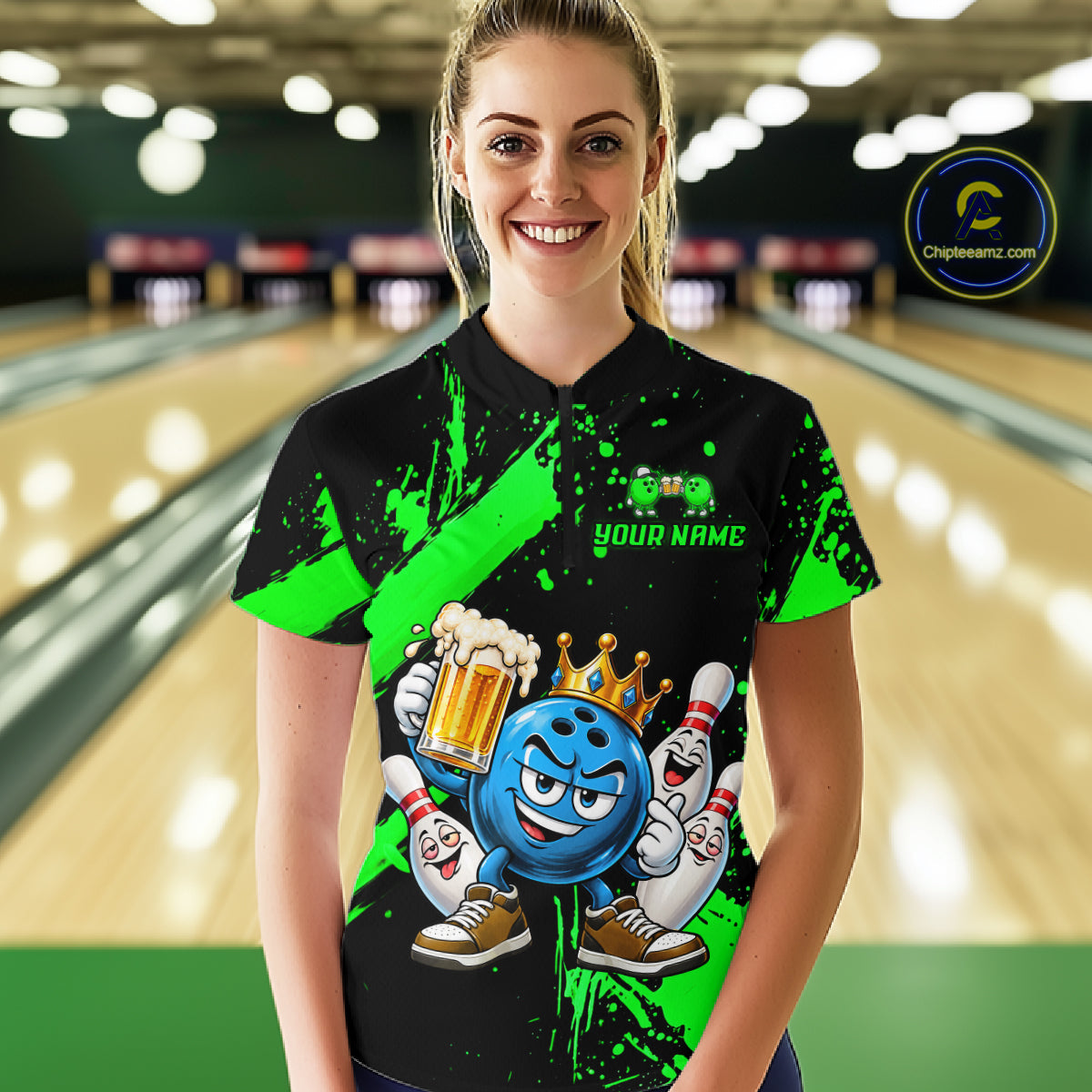 Custom Green Funny Beer Bowling Shirts for Women Crown Bowling Team Jersey Bowling Outfit QZT1275