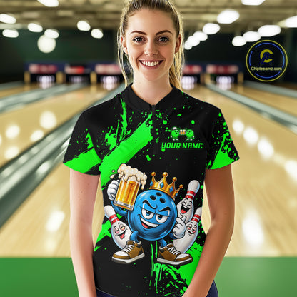 Custom Green Funny Beer Bowling Shirts for Women Crown Bowling Team Jersey Bowling Outfit QZT1275