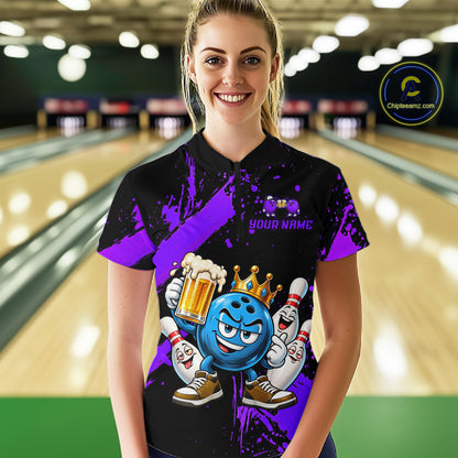 Custom Purple Funny Beer Bowling Shirts for Women Crown Bowling Team Jersey Bowling Outfit QZT1275