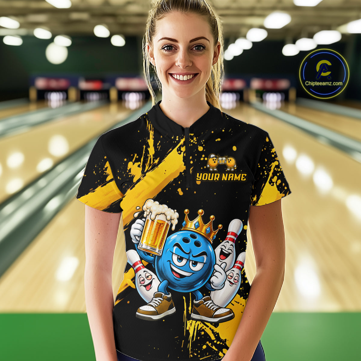 Custom Yellow Funny Beer Bowling Shirts for Women Crown Bowling Team Jersey Bowling Outfit QZT1275