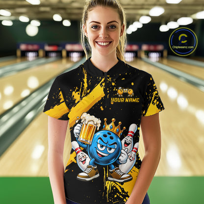 Custom Yellow Funny Beer Bowling Shirts for Women Crown Bowling Team Jersey Bowling Outfit QZT1275