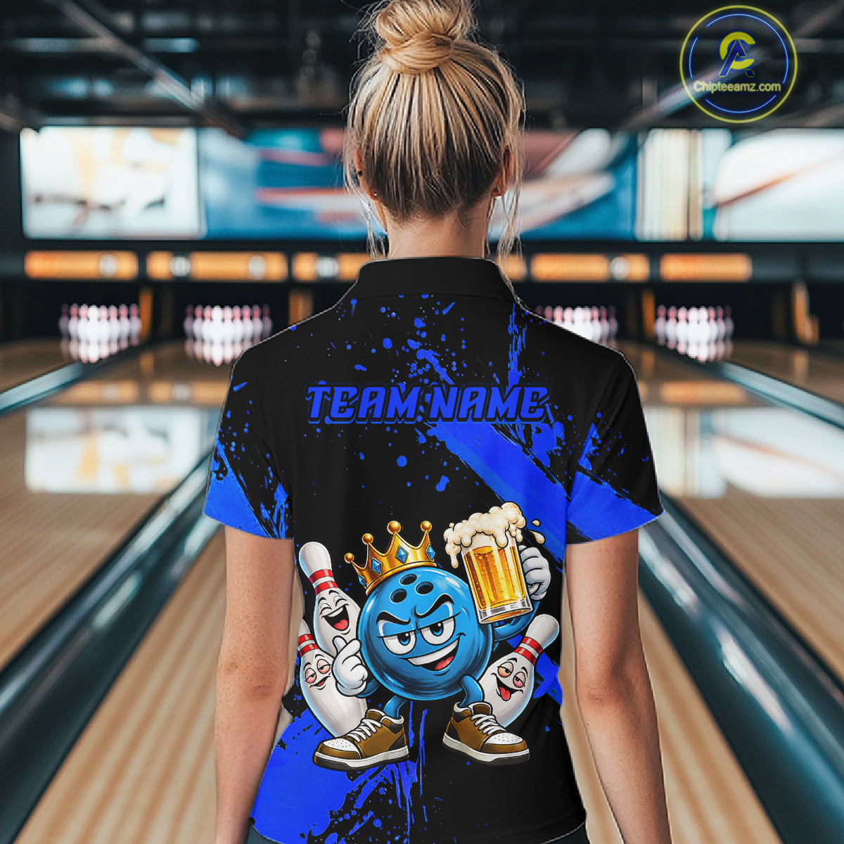 Custom Blue Funny Beer Bowling Shirts for Women Crown Bowling Team Jersey Bowling Outfit QZT1275
