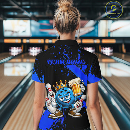 Custom Blue Funny Beer Bowling Shirts for Women Crown Bowling Team Jersey Bowling Outfit QZT1275