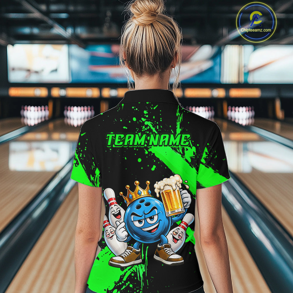 Custom Green Funny Beer Bowling Shirts for Women Crown Bowling Team Jersey Bowling Outfit QZT1275