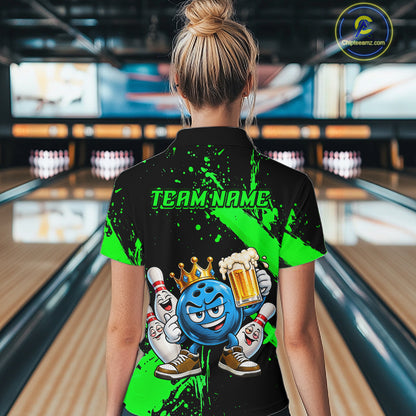 Custom Green Funny Beer Bowling Shirts for Women Crown Bowling Team Jersey Bowling Outfit QZT1275