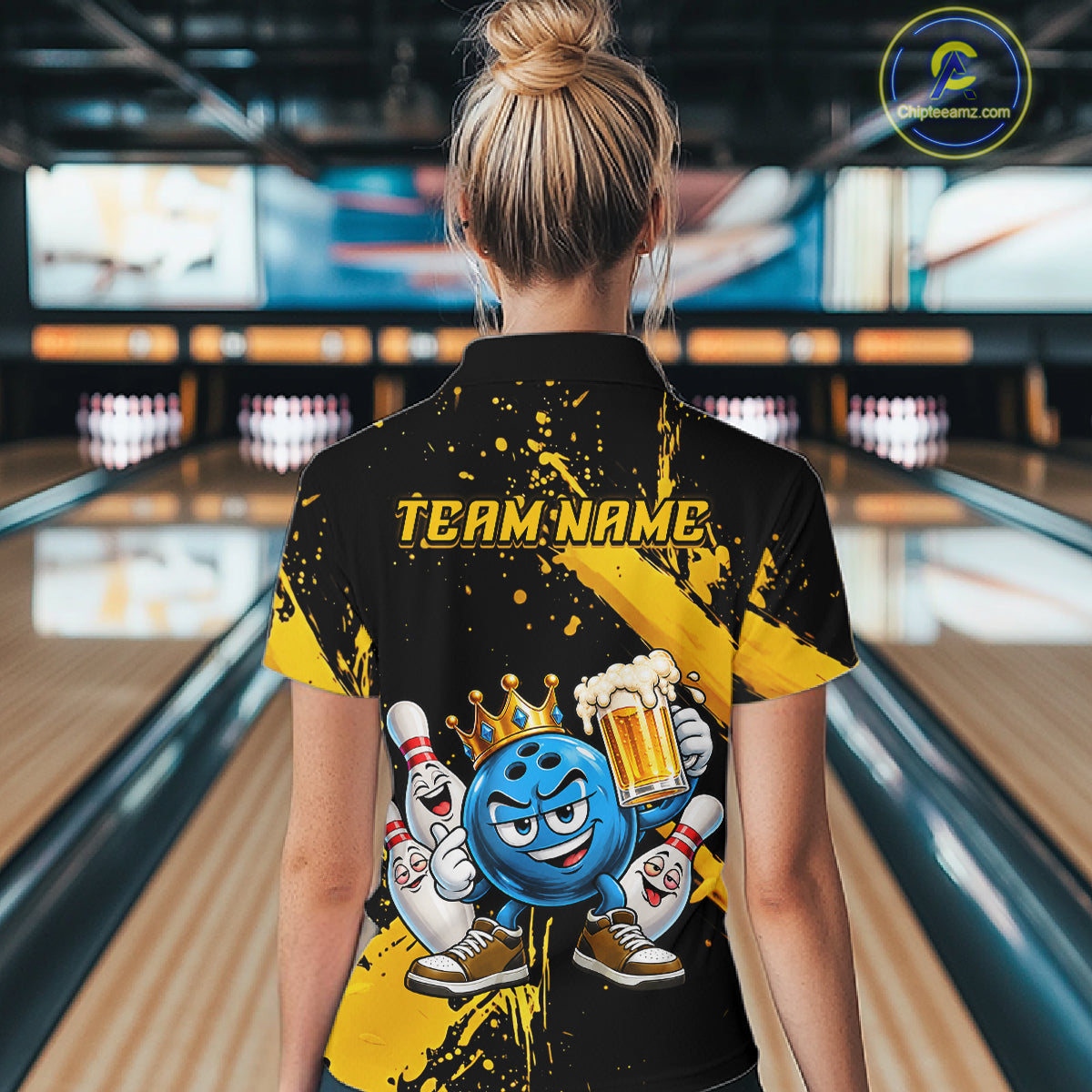 Custom Yellow Funny Beer Bowling Shirts for Women Crown Bowling Team Jersey Bowling Outfit QZT1275