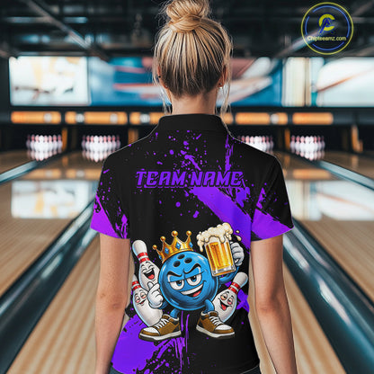 Custom Purple Funny Beer Bowling Shirts for Women Crown Bowling Team Jersey Bowling Outfit QZT1275
