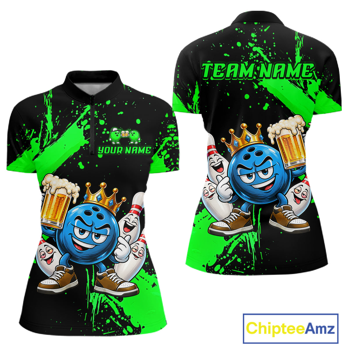 Custom Green Funny Beer Bowling Shirts for Women Crown Bowling Team Jersey Bowling Outfit QZT1275