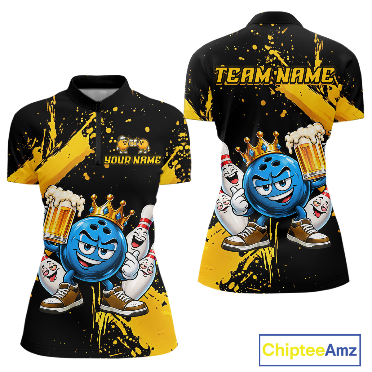 Custom Yellow Funny Beer Bowling Shirts for Women Crown Bowling Team Jersey Bowling Outfit QZT1275