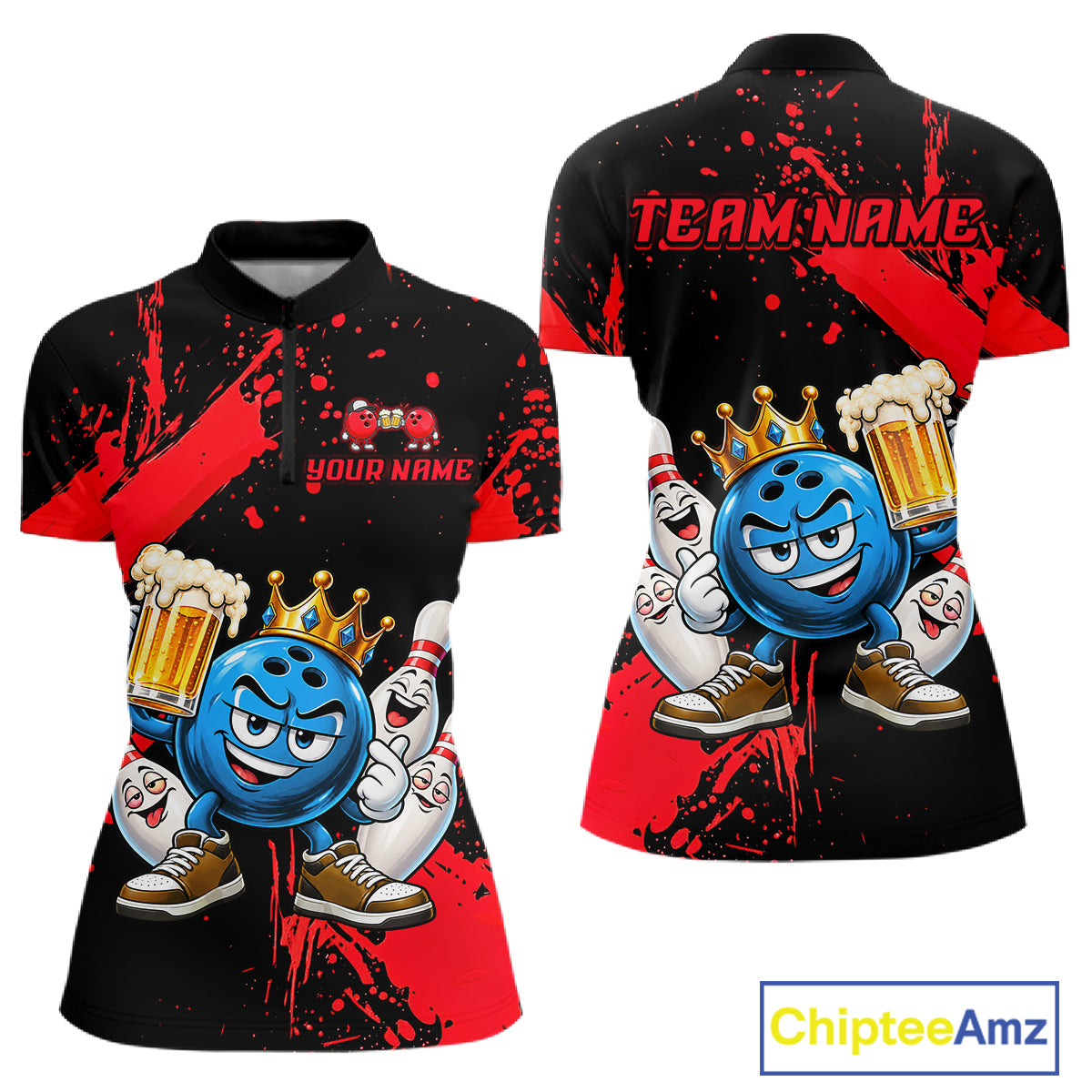 Custom Red Funny Beer Bowling Shirts for Women Crown Bowling Team Jersey Bowling Outfit QZT1275