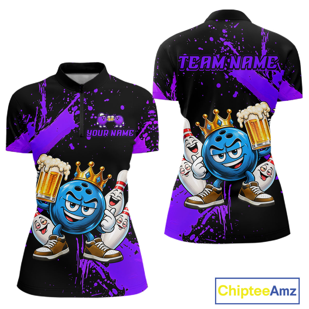 Custom Purple Funny Beer Bowling Shirts for Women Crown Bowling Team Jersey Bowling Outfit QZT1275