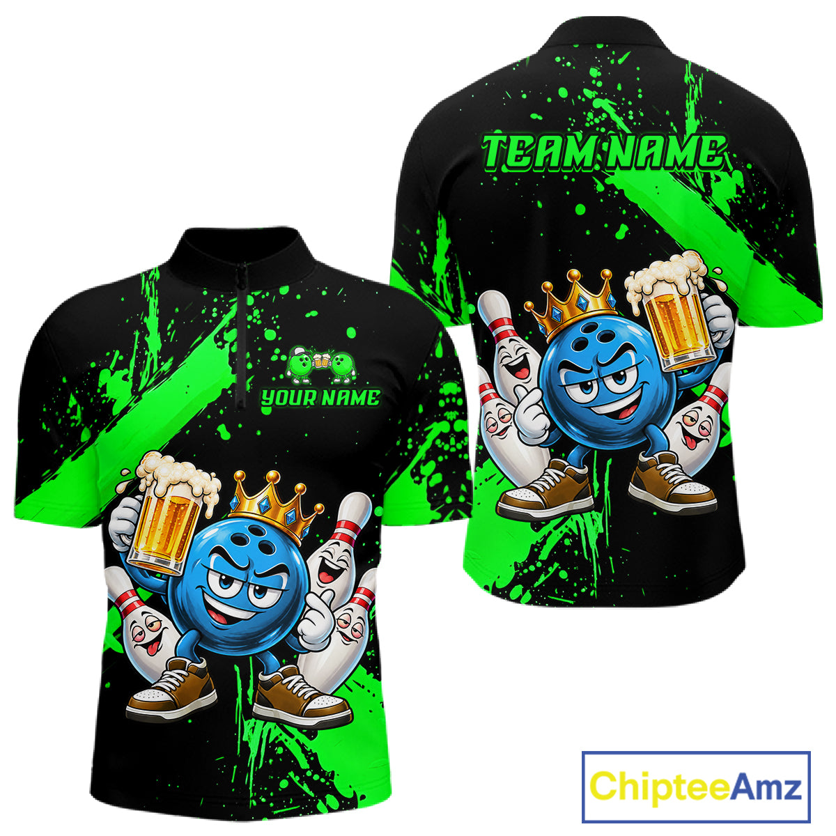 Custom Green Funny Beer Bowling Shirts for Men Crown Bowling Team Jersey Bowling Outfit QZT1275