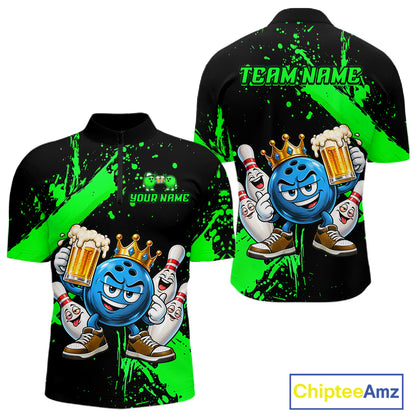 Custom Green Funny Beer Bowling Shirts for Men Crown Bowling Team Jersey Bowling Outfit QZT1275