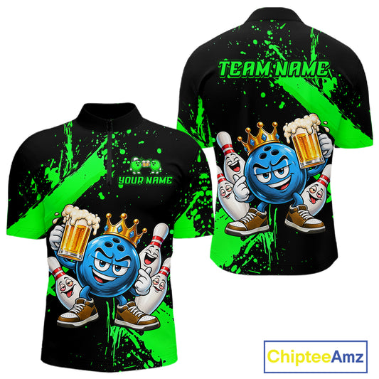 Custom Green Funny Beer Bowling Shirts for Men Crown Bowling Team Jersey Bowling Outfit QZT1275