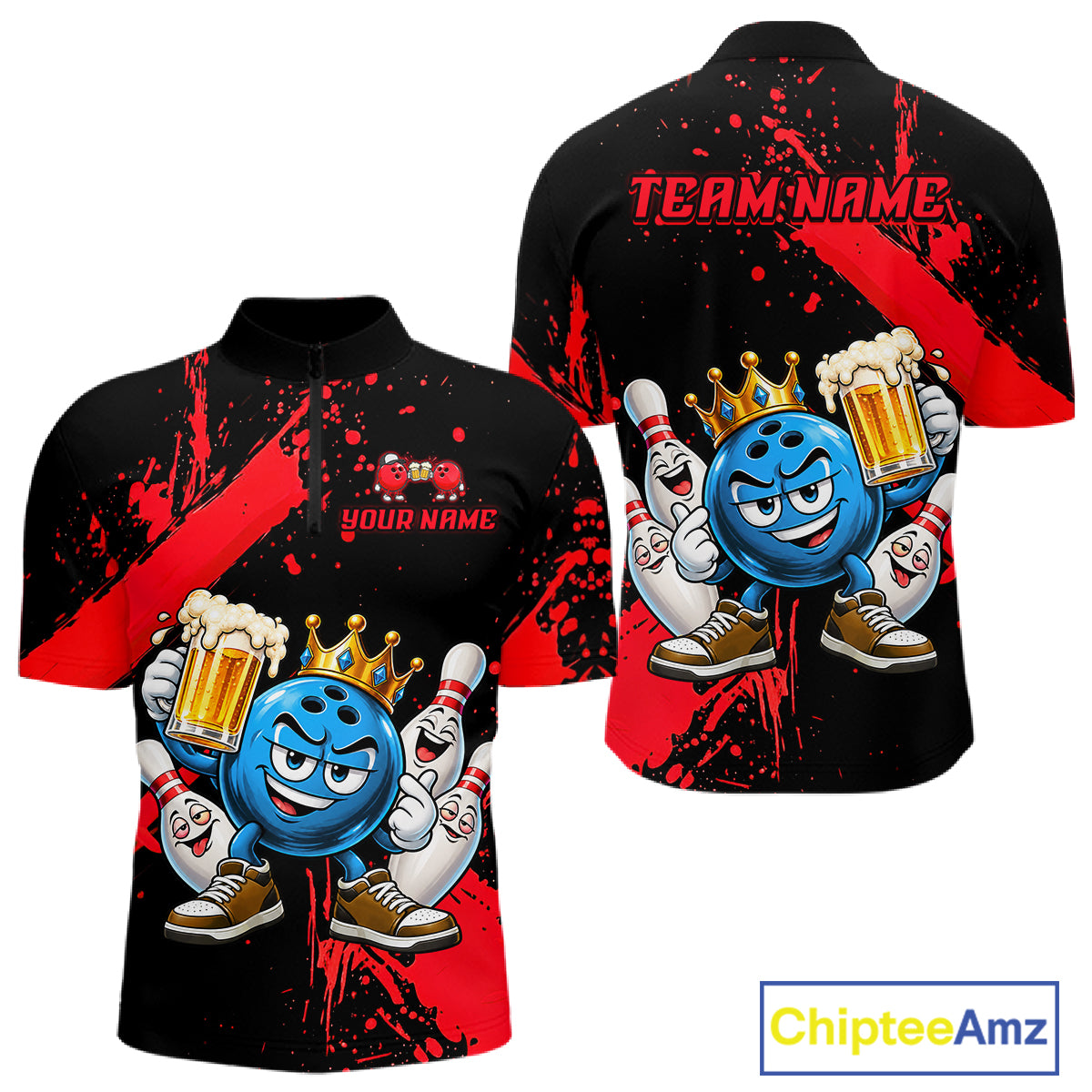Custom Red Funny Beer Bowling Shirts for Men Crown Bowling Team Jersey Bowling Outfit QZT1275
