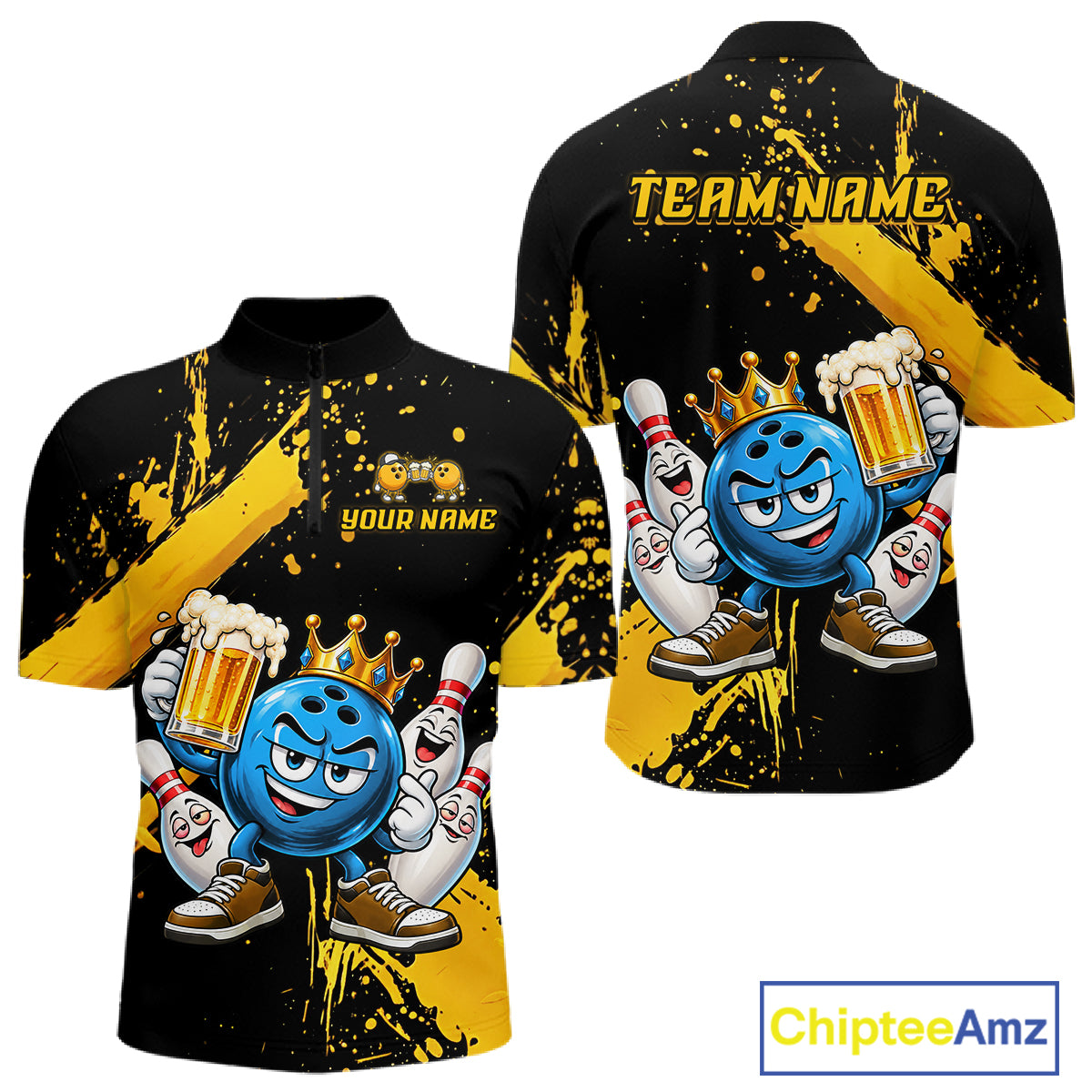 Custom Yellow Funny Beer Bowling Shirts for Men Crown Bowling Team Jersey Bowling Outfit QZT1275