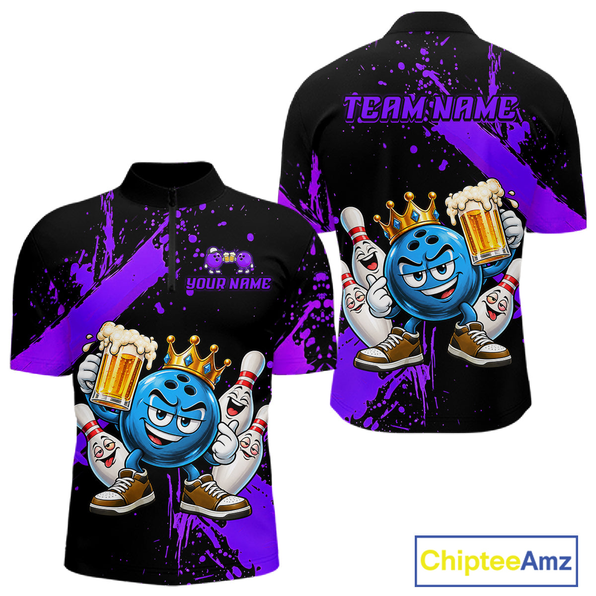 Custom Purple Funny Beer Bowling Shirts for Men Crown Bowling Team Jersey Bowling Outfit QZT1275