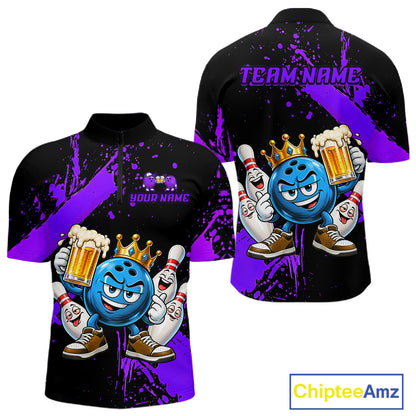 Custom Purple Funny Beer Bowling Shirts for Men Crown Bowling Team Jersey Bowling Outfit QZT1275