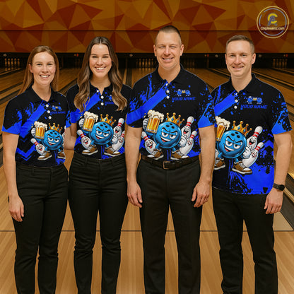 Custom Blue Funny Beer Bowling Shirts for Men Crown Bowling Team Jersey Bowling Outfit QZT1275
