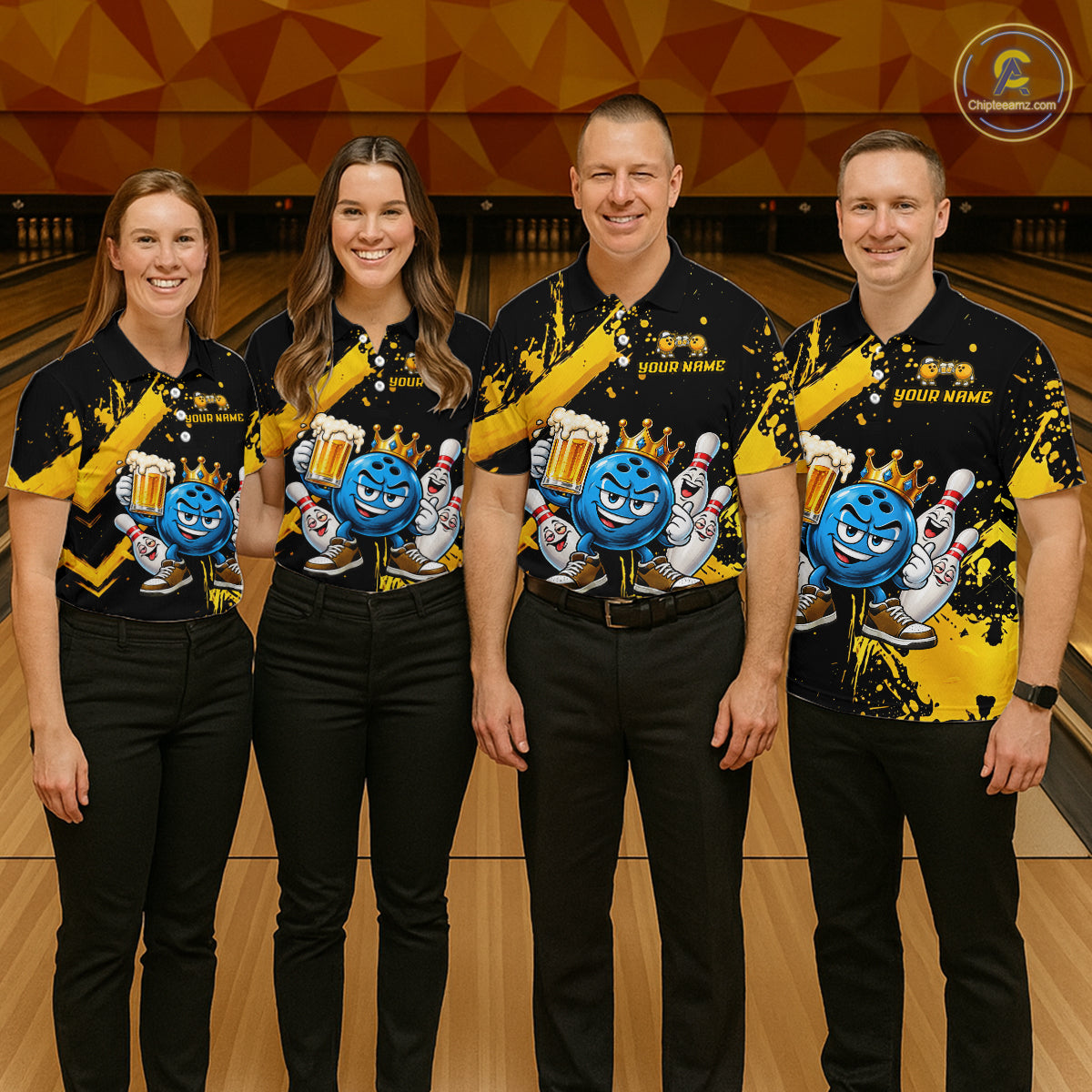 Custom Yellow Funny Beer Bowling Shirts for Men Crown Bowling Team Jersey Bowling Outfit QZT1275