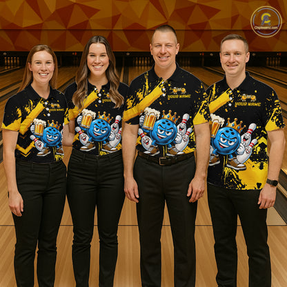 Custom Yellow Funny Beer Bowling Shirts for Men Crown Bowling Team Jersey Bowling Outfit QZT1275