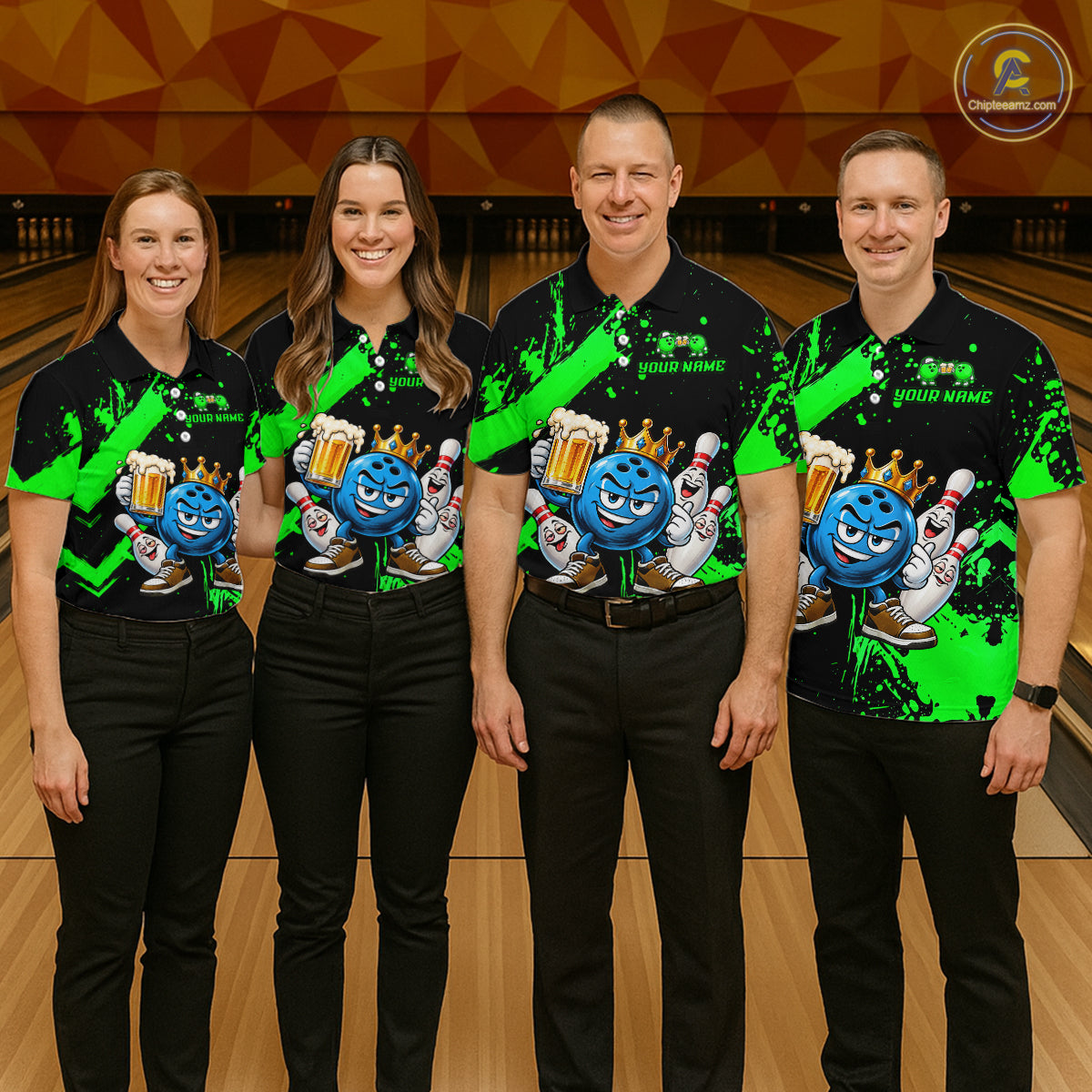 Custom Green Funny Beer Bowling Shirts for Men Crown Bowling Team Jersey Bowling Outfit QZT1275