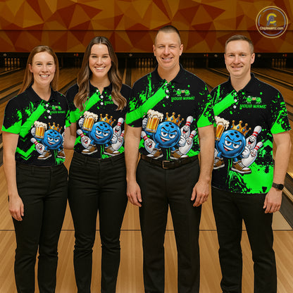 Custom Green Funny Beer Bowling Shirts for Men Crown Bowling Team Jersey Bowling Outfit QZT1275