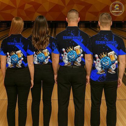 Custom Blue Funny Beer Bowling Shirts for Men Crown Bowling Team Jersey Bowling Outfit QZT1275