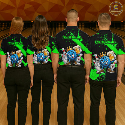 Custom Green Funny Beer Bowling Shirts for Men Crown Bowling Team Jersey Bowling Outfit QZT1275