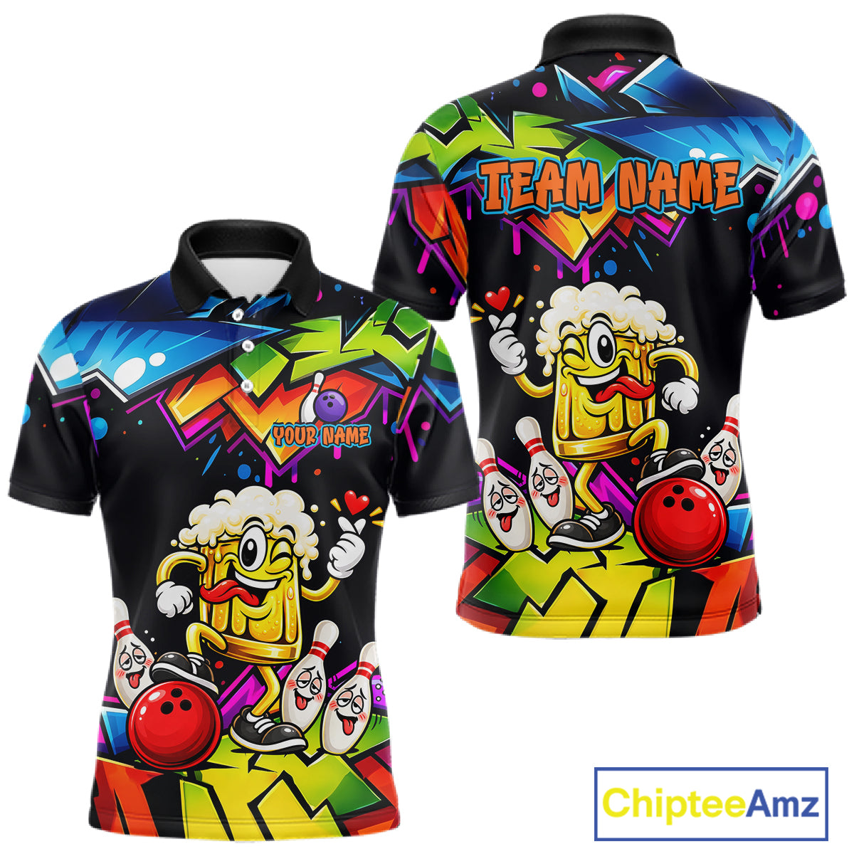 Custom Colorful Beer Bowling Shirts for Men Funny Bowling Team Jersey Bowling Outfit QZT1276