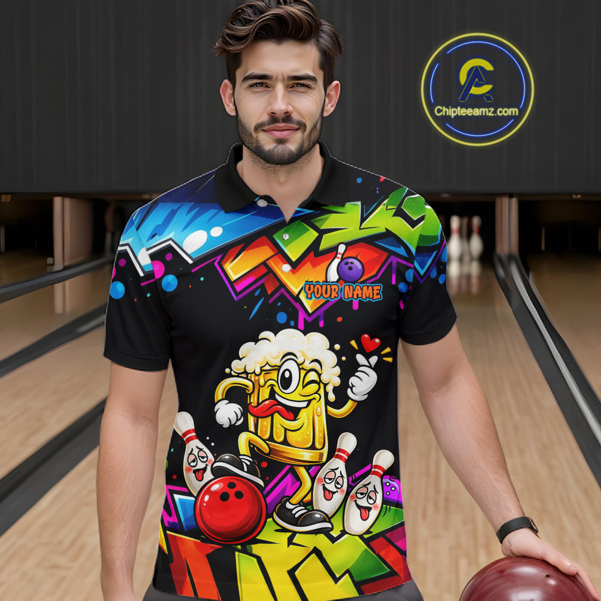 Custom Colorful Beer Bowling Shirts for Men Funny Bowling Team Jersey Bowling Outfit QZT1276