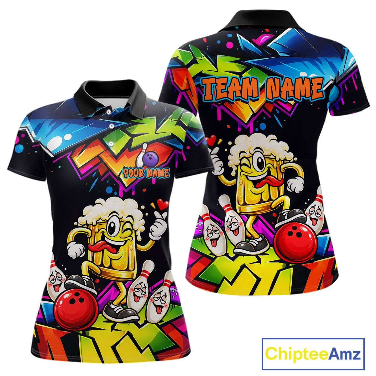 Custom Colorful Beer Bowling Shirts for Women Funny Bowling Team Jersey Bowling Outfit QZT1276