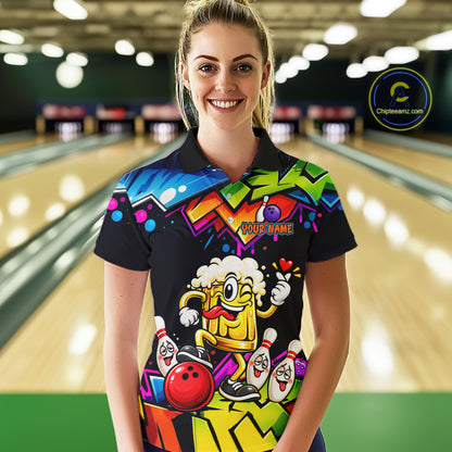Custom Colorful Beer Bowling Shirts for Women Funny Bowling Team Jersey Bowling Outfit QZT1276