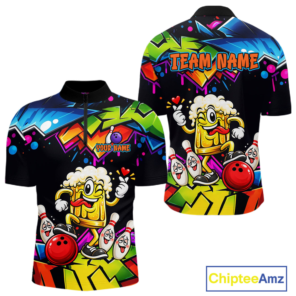 Custom Colorful Beer Bowling Shirts for Men Funny Bowling Team Jersey Bowling Outfit QZT1276
