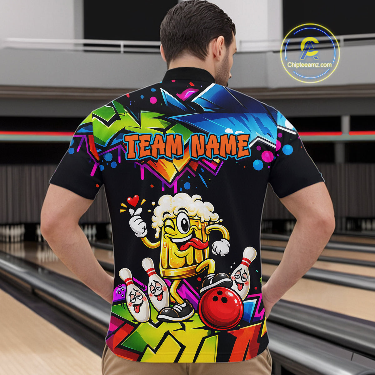 Custom Colorful Beer Bowling Shirts for Men Funny Bowling Team Jersey Bowling Outfit QZT1276