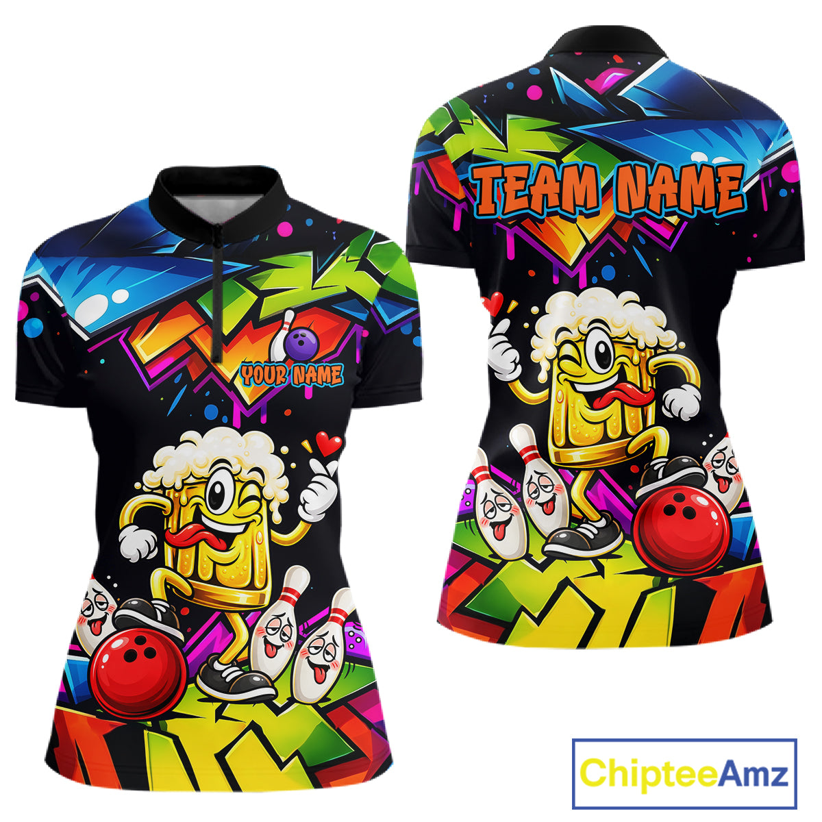 Custom Colorful Beer Bowling Shirts for Women Funny Bowling Team Jersey Bowling Outfit QZT1276