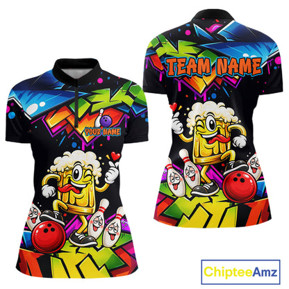 Custom Colorful Beer Bowling Shirts for Women Funny Bowling Team Jersey Bowling Outfit QZT1276