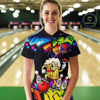 Custom Colorful Beer Bowling Shirts for Women Funny Bowling Team Jersey Bowling Outfit QZT1276