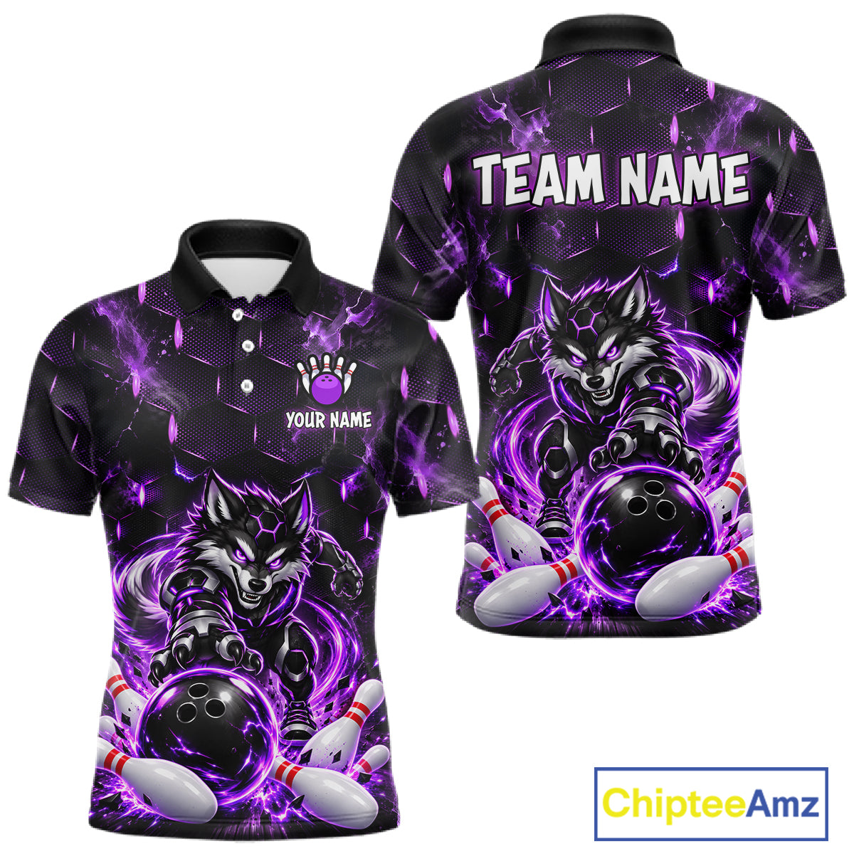 Wolf Bowling Shirt for Men Custom Purple Bowling Team Jersey Polo & 1/4-Zip QZT1344
