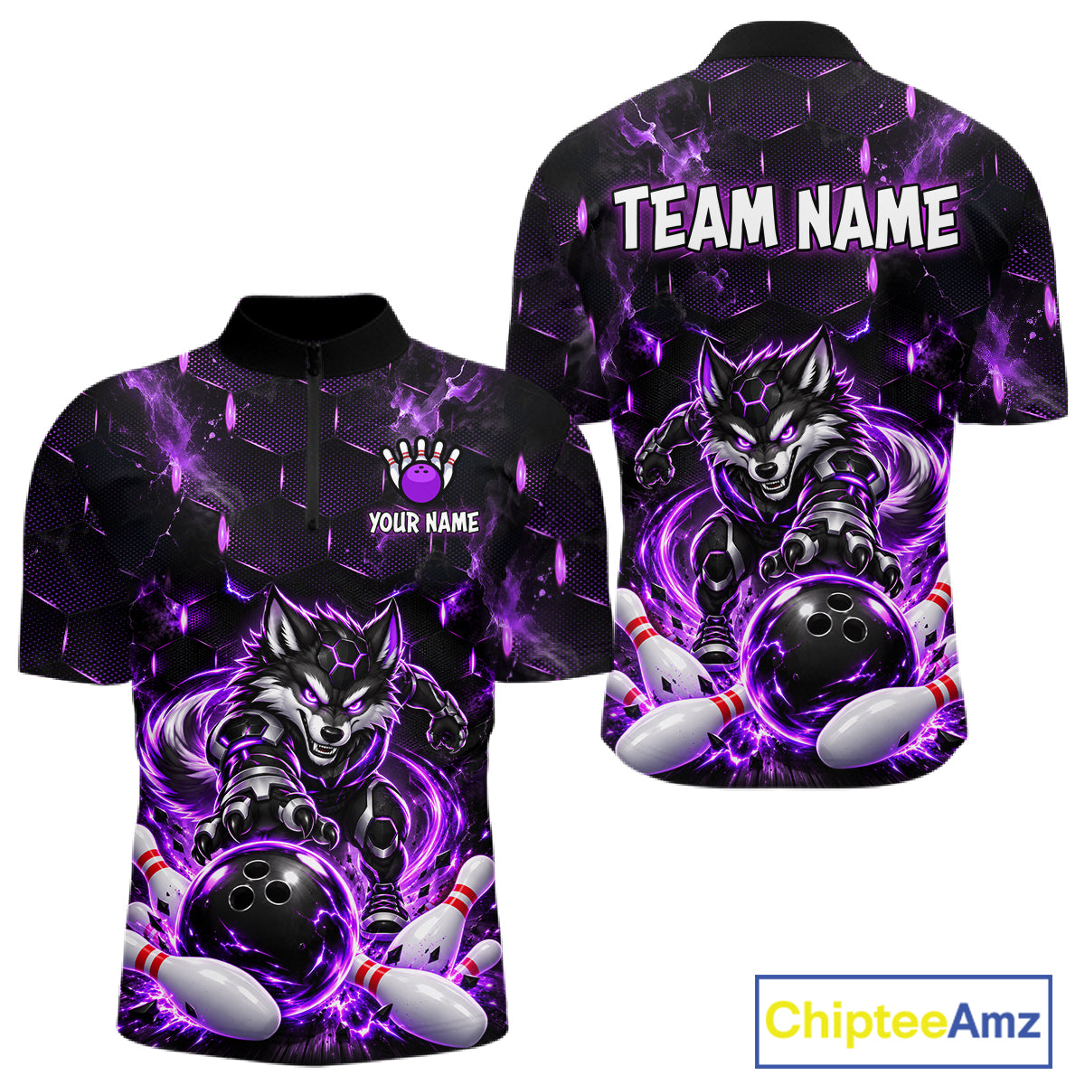 Wolf Bowling Shirt for Men Custom Purple Bowling Team Jersey Polo & 1/4-Zip QZT1344