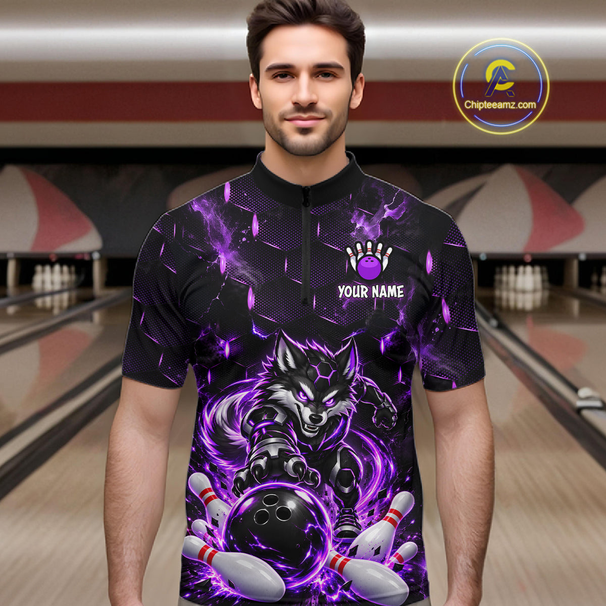 Wolf Bowling Shirt for Men Custom Purple Bowling Team Jersey Polo & 1/4-Zip QZT1344