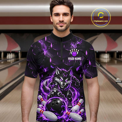 Wolf Bowling Shirt for Men Custom Purple Bowling Team Jersey Polo & 1/4-Zip QZT1344